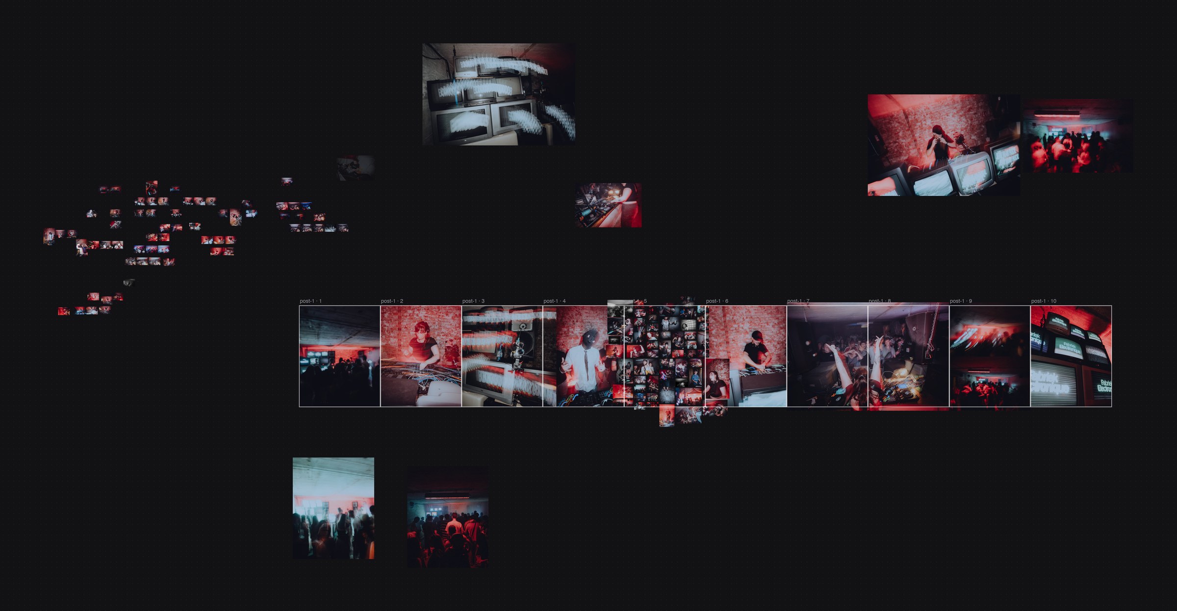 A full board: a pile of dimmed photos on the left, enlarged picks, and a composed ten-slide carousel through the middle